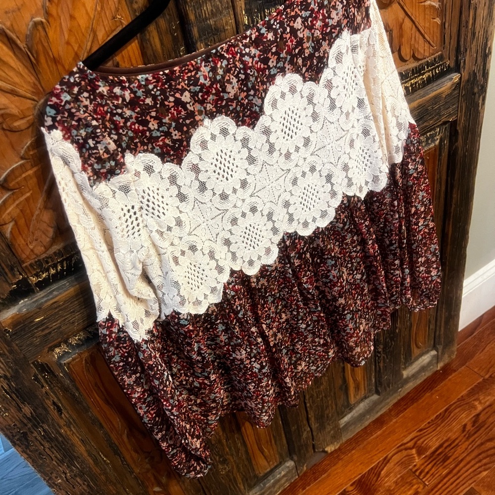 Judith March Burgundy Floral A-Line Skirt with Cream Lace